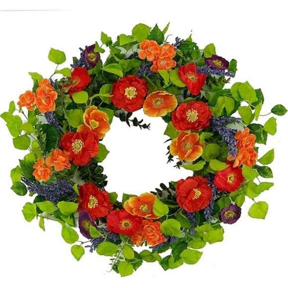 22 inch Artificial Spring Summer Wreaths for Front Door Poppy Wreath - Picture 8 of 8